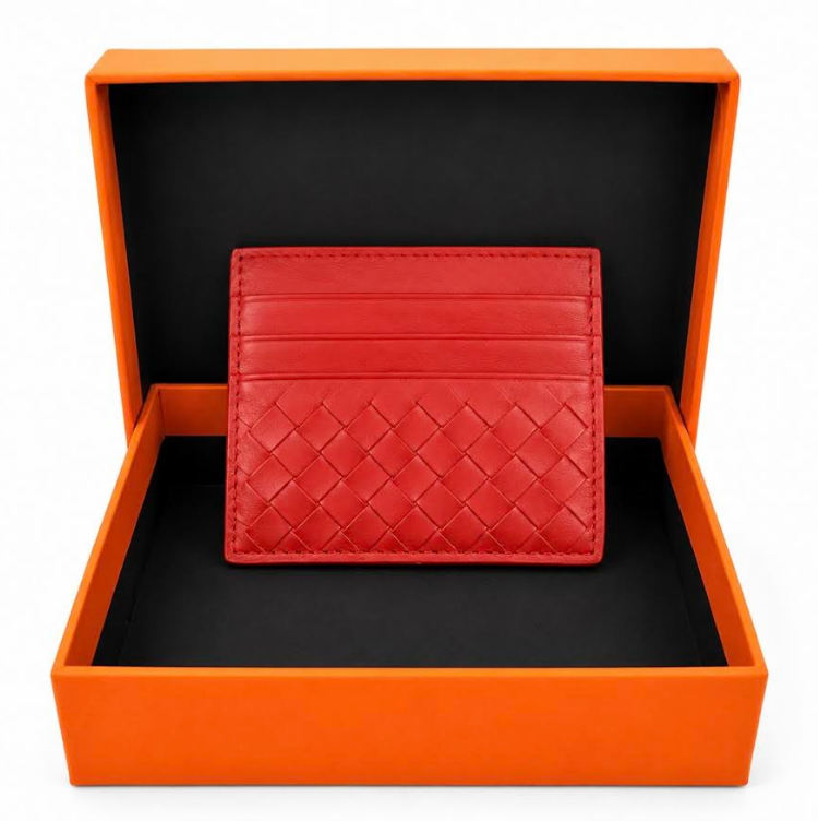 Leather Woven Credit Card Wallet -Red