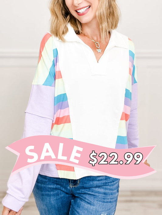 French Terry Knit Striped Color Block Top with Collar and V-Neck Line