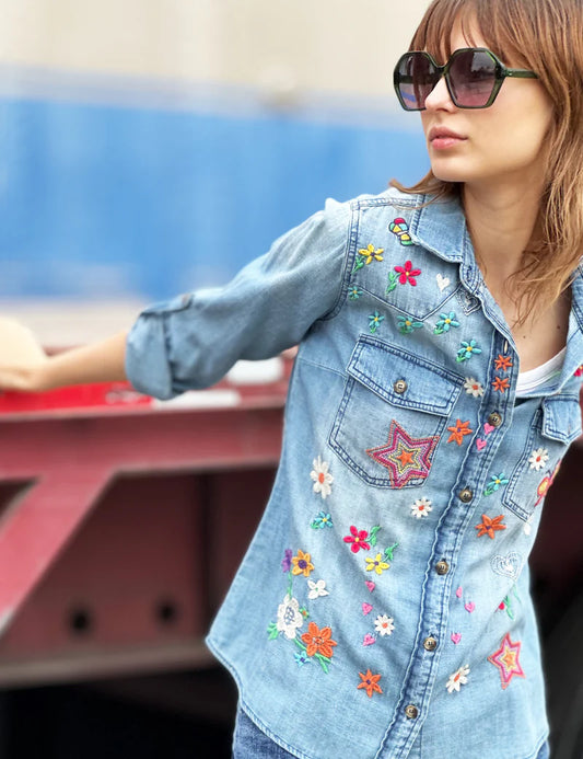 Sketchbook Embroidered Denim Button Down Collared Top