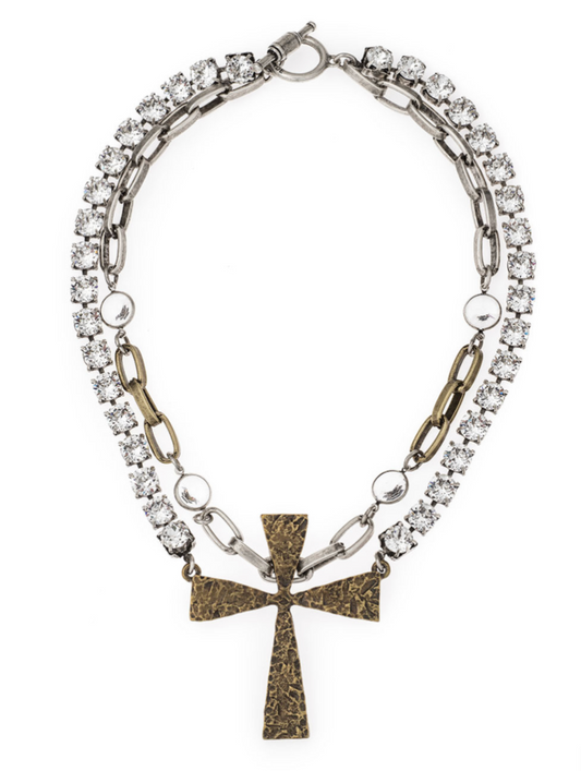 DOUBLE STRAND LYON CHAIN AND AUSTRIAN CRYSTAL WITH FRENCH CROSS