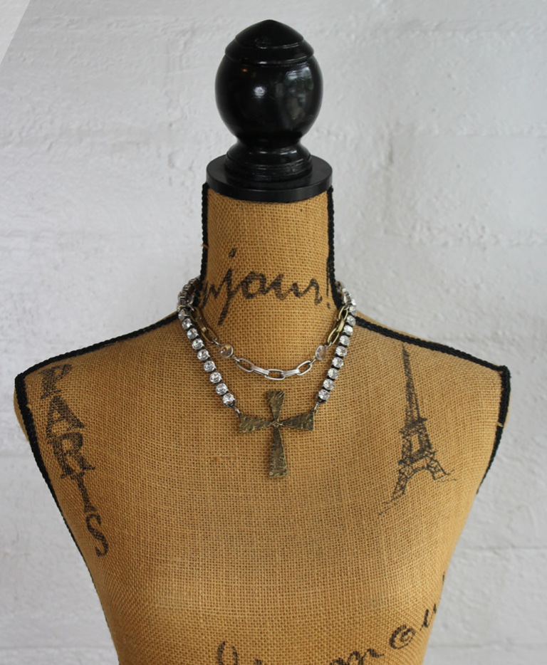 DOUBLE STRAND LYON CHAIN AND AUSTRIAN CRYSTAL WITH FRENCH CROSS