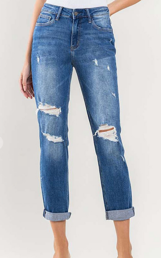 HIGH RISE DISTRESSED ROLLED CUFF BOYFRIEND JEANS