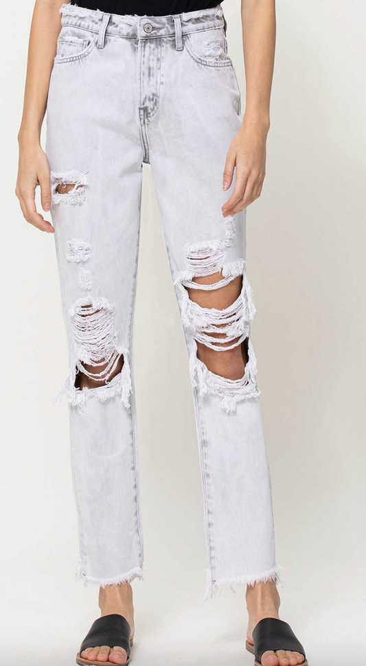 SUPER HIGH RISE DISTRESSED FRAYED HEM MOM JEANS