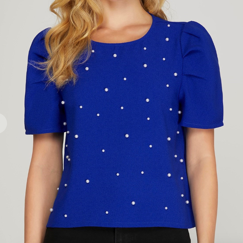 Round Neck Pearl Embellished Woven Top