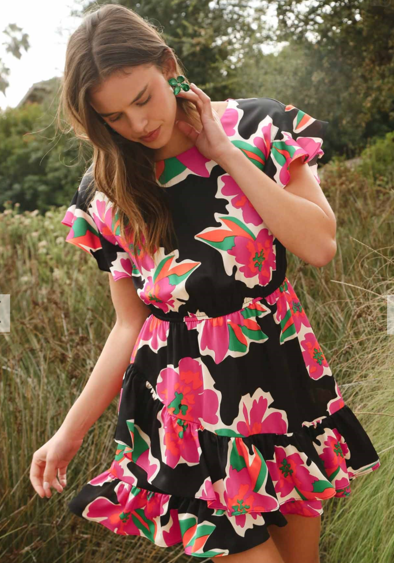 Asymmetrical Satin Floral Print Ruffle Tier Short Dress