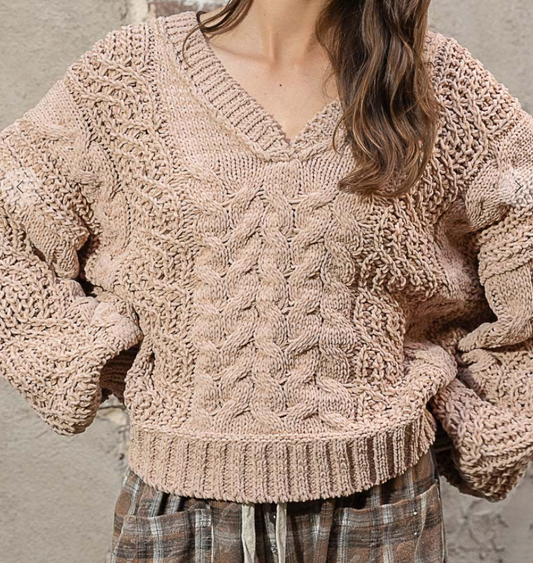 V-neck semi cropped top in chenille sweater