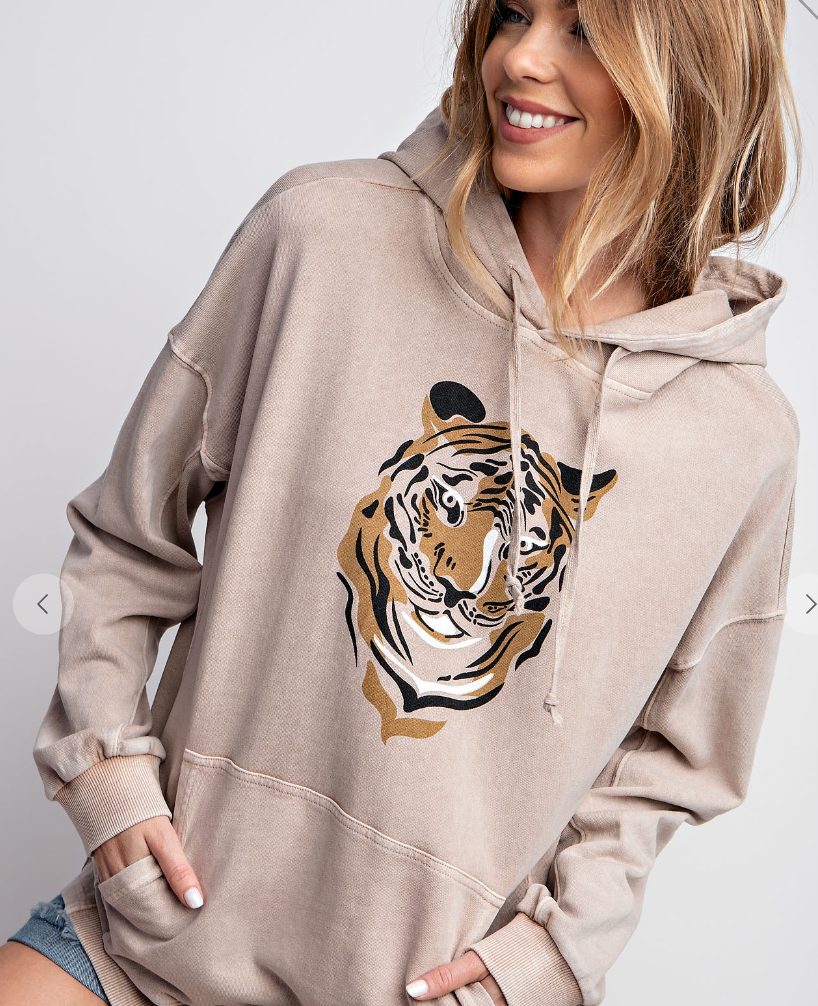 WASHED TERRY TIGER PRINTED PULLOVER HOODIE