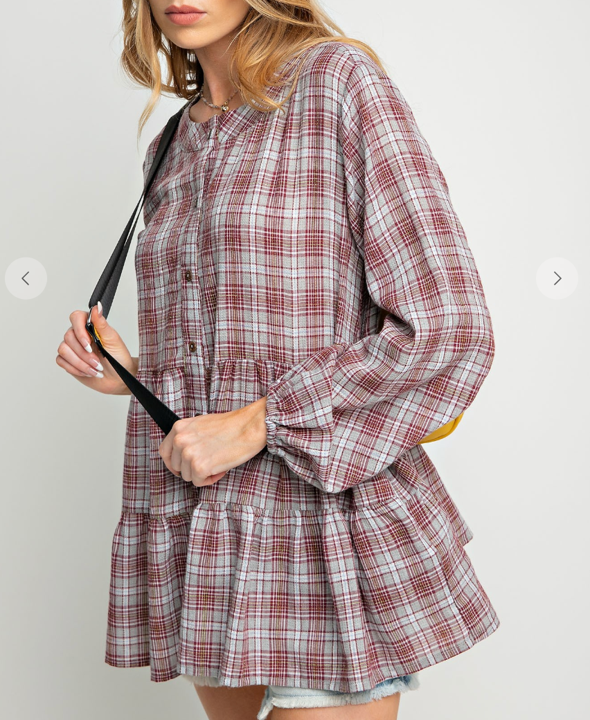 PLAID PRINTED BUTTON DOWN RUFFLE TUNIC