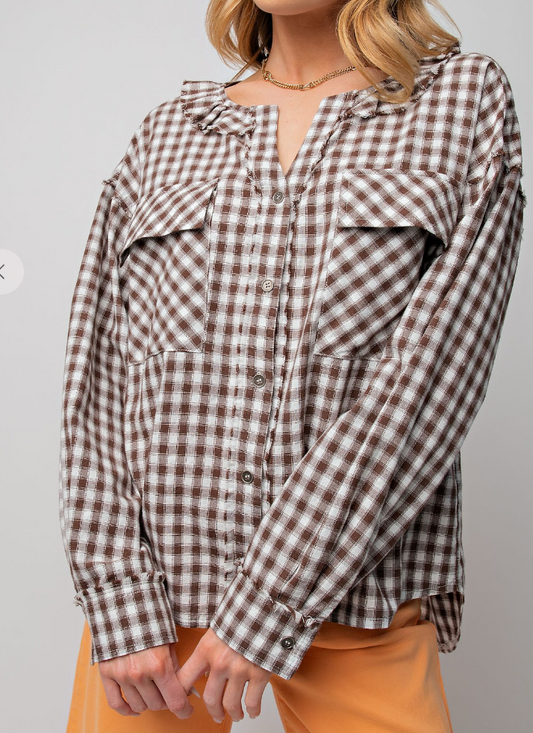 PLAID FRINGE BUTTON DOWN SHIRT