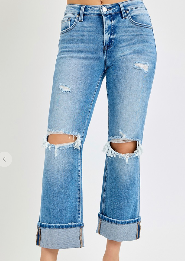 Risen - TUMMY CONTROL MID RISE CROP STRAIGHT CUFFED JEANS