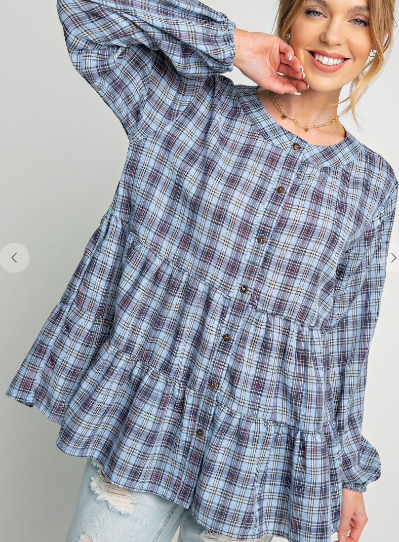 PLAID PRINTED BUTTON DOWN RUFFLE TUNIC