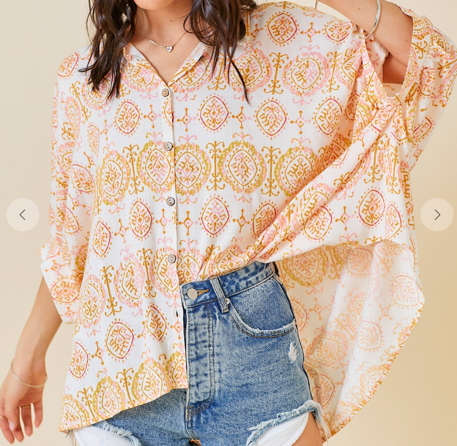 Boho Print Collared Neck Button Down Top