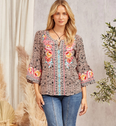 Bell Sleeve Embroidered Top with Split Neckline