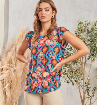 Flutter Sleeve Woven Top with Embroidery Detail