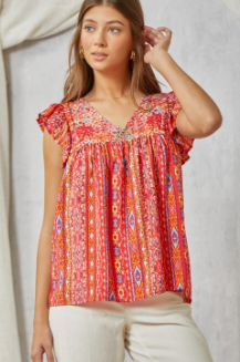 Babydoll Print Top with Floral Embroidery