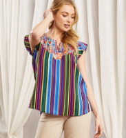 Dolman Short Sleeve Multicolored Print Babydoll Top