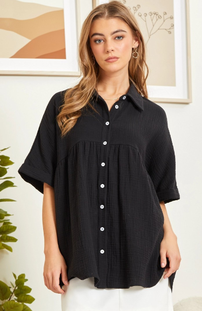 Button Down Baby Doll Top With Dolman Sleeves And Collar Neck Detail