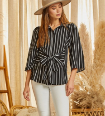 Striped Button Up Top with Ribbon Tie Front