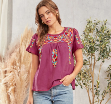 Short Sleeve Top with Embroidery Detail