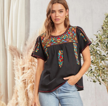 Short Sleeve Top with Embroidery Detail