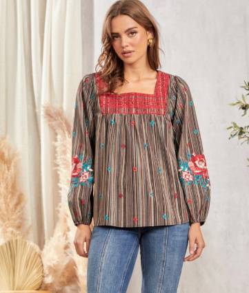 Multi Color Striped Pattern Top with Embroidery