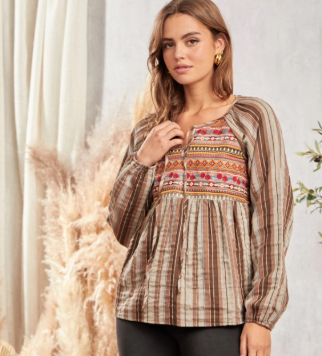 Multi color striped embroidered top