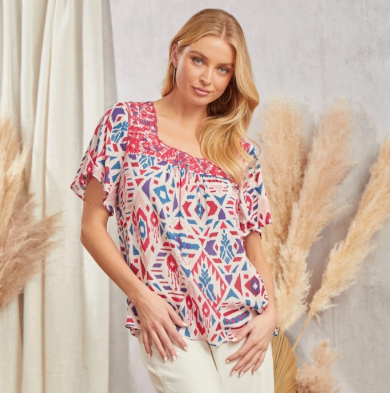 Printed Top with Square Neckline and Embroidered Embellishments