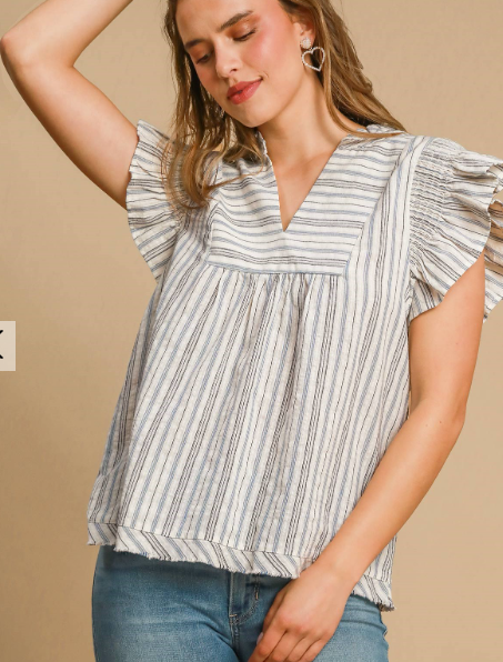 Ruffled Sleeve Striped V-Neck Baby Doll Top