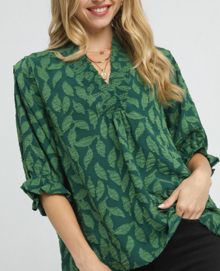 Floral Jacquard 3/4 Sleeve V-Neck Top