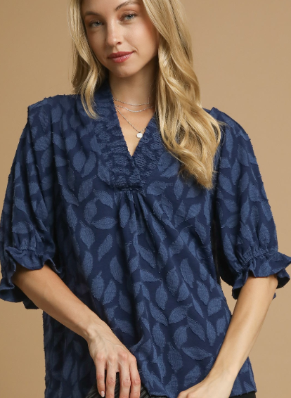 Floral Jacquard 3/4 Sleeve V-Neck Top