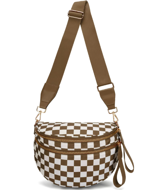 Checkered Fanny Pack Nylon Bum Bag in Brown