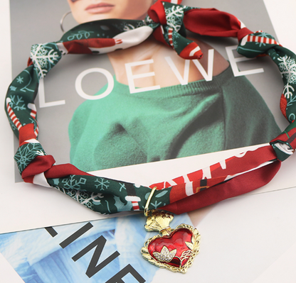 Green / Red Scarf Necklace with Red Heart