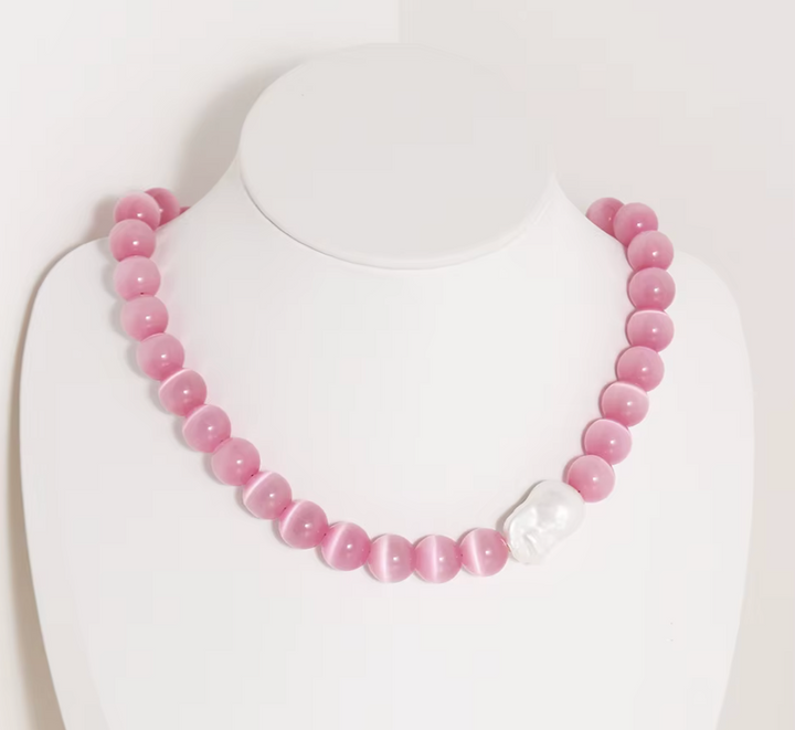 Handmade Pinik Pearl Glass Cat Eye Stone Beaded Choker