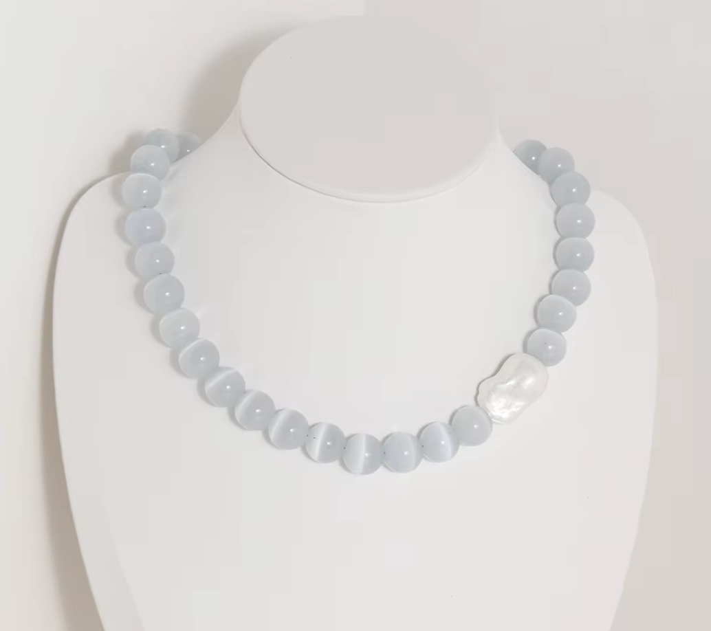 Handmade Pearl Glass Cat Eye Stone Beaded Choker