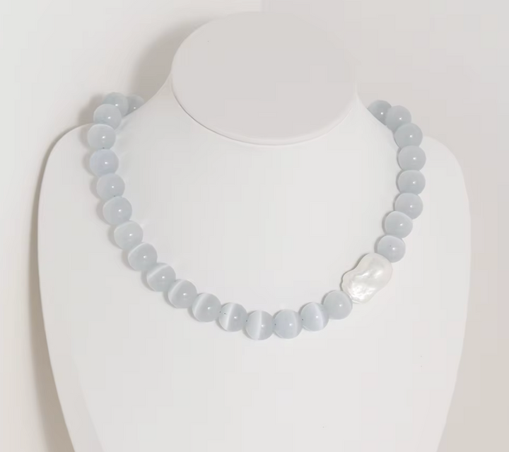 Handmade Pearl Glass Cat Eye Stone Beaded Choker
