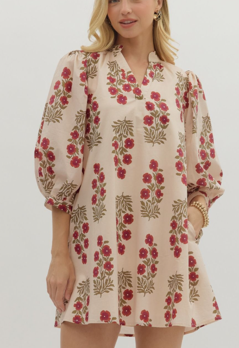 Floral Mini Dress with 3/4 Band Puff Sleeves