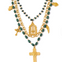 Three Strand Green Bead & Gold Plated Cross Pendant Necklace