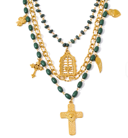 Three Strand Green Bead & Gold Plated Cross Pendant Necklace