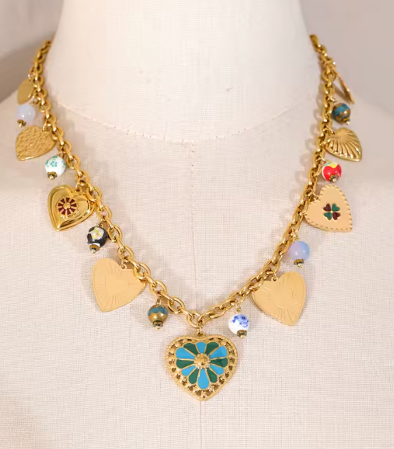 Blue Heart & Ceramic Bead Charm Necklace