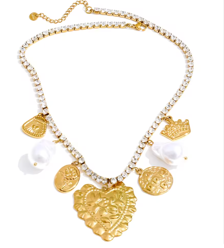 Cubic Zirconia Chain Necklace Heart Baroque Pearl Necklace