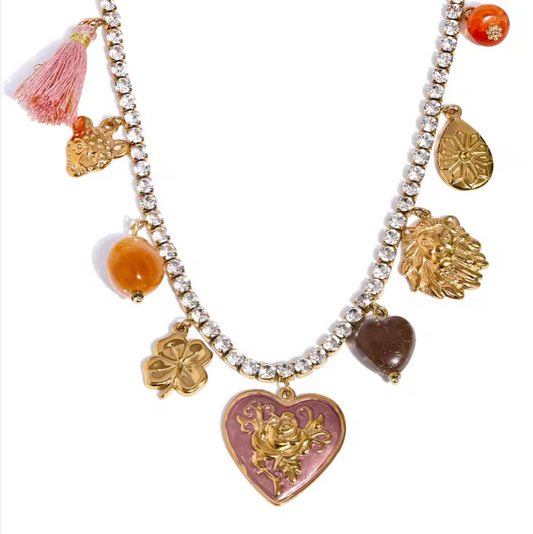 Enamel Rose Heart Charm Necklace