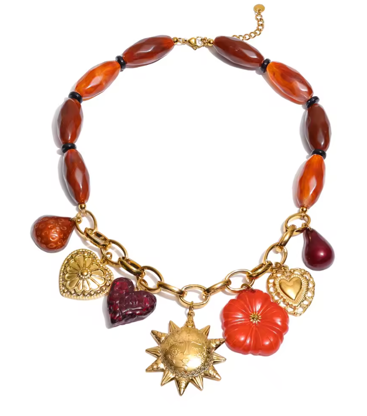 Retro Sun & Bead Resin Charm Necklace