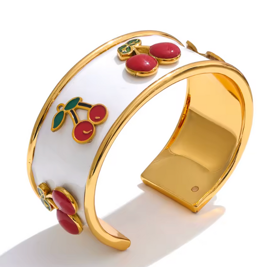 White Enamel Cherry Cuff Bracelet Bangle