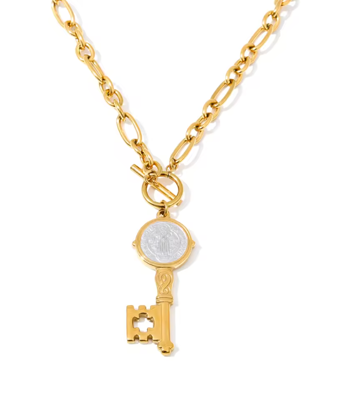 Big Key Shaped Double Sided Pendant Necklace