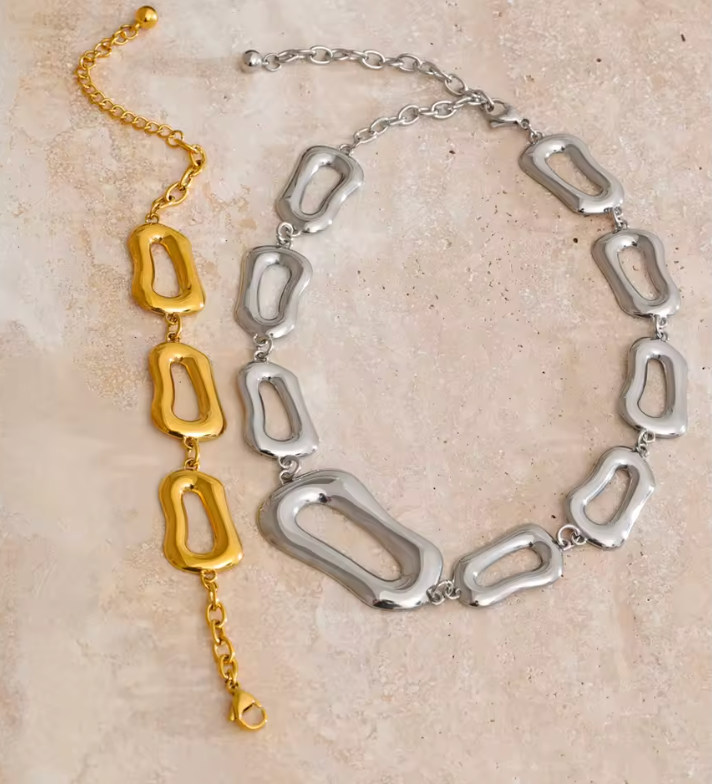 Geometric Hollow Shape Stainless Steel Gold Plated Bracelet Necklace