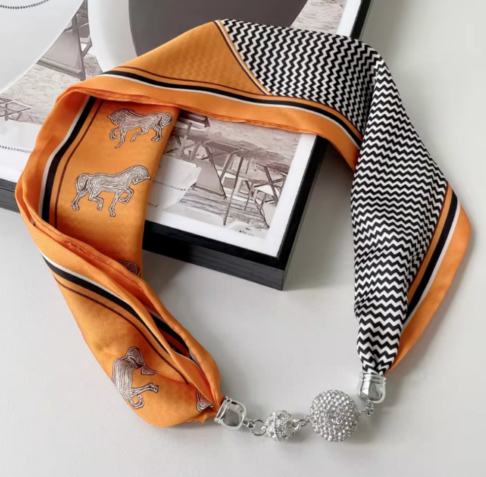 Silk Scarf Magnetic Closure Necklace - Mocha Sunset
