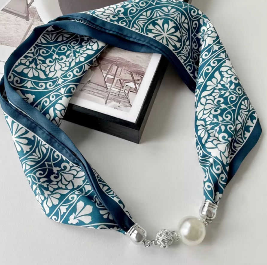 Silk Scarf Magnetic Closure Necklace - TealBlue