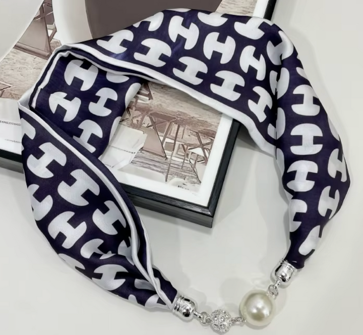 Silk Scarf Magnetic Closure Necklace - Navy Blue