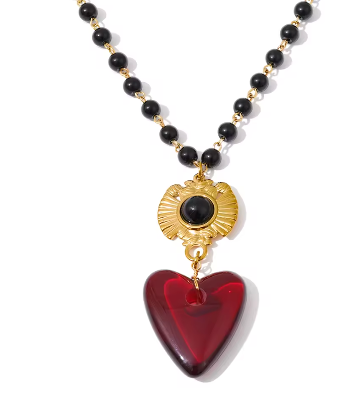 Black Beaded Red Acrylic Heart Necklace