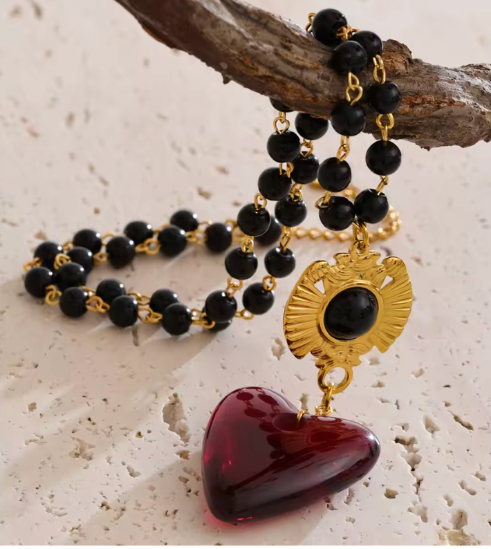 Black Beaded Red Acrylic Heart Necklace